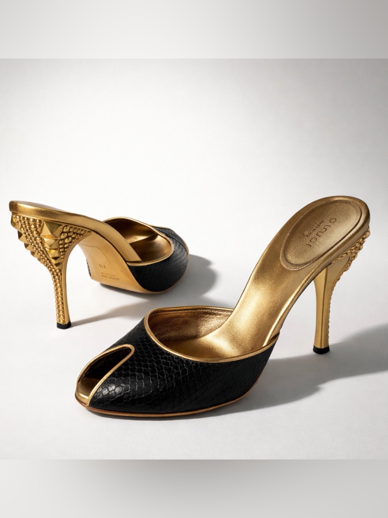 Gucci Rare Tom Ford Runway Snakeskin Slides, Reptilian Heel, Blk & Gold, 7